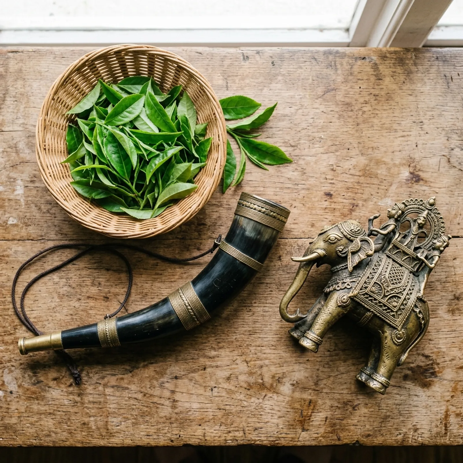 A close-up photograph showcasing fresh green tea leaves, a traditional Assamese Bihu Pepa instrument, and a Ganesha brass craft