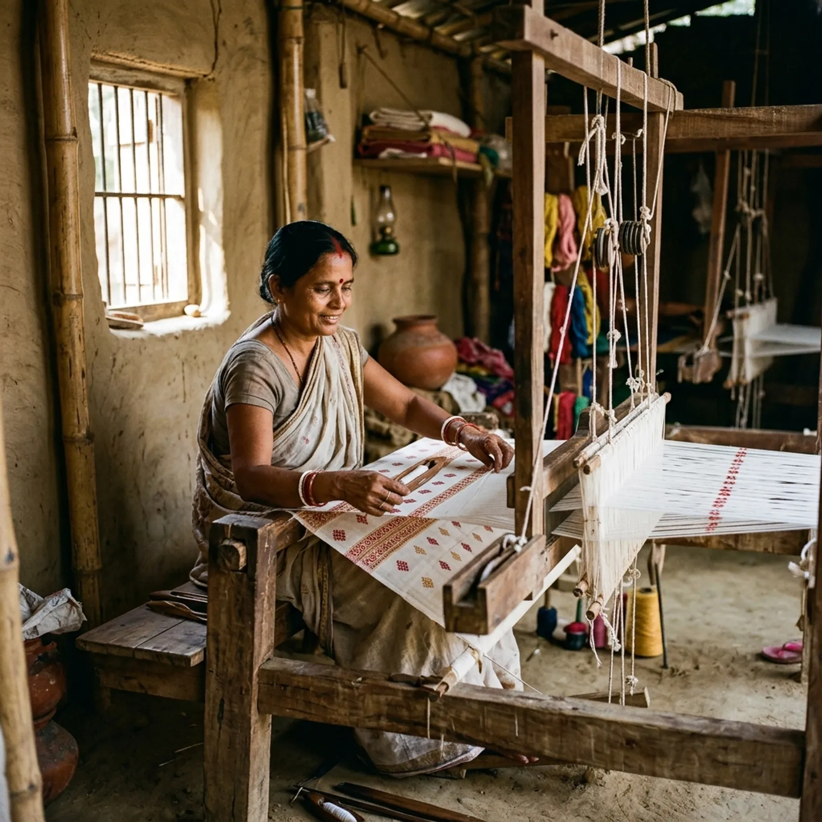 A rural Indian female artisan in Bihar intricately weaving a traditional white cotton Nalanda Bawanbuti saree on a handloom