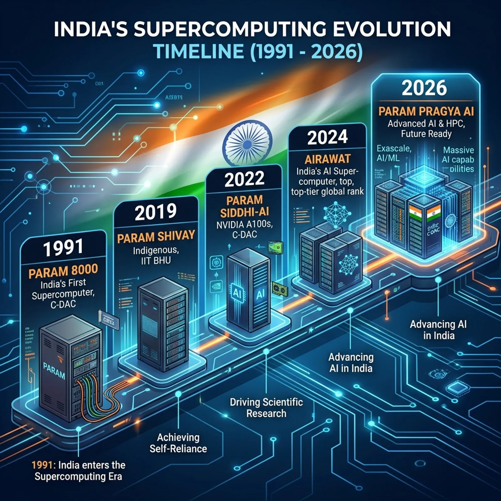Timeline of India's Supercomputer Evolution from PARAM 8000 in 1991 to PARAM Pragya in 2026