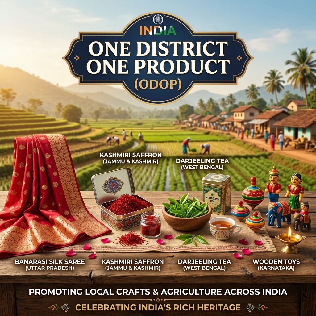 A professional banner for One District One Product (ODOP) scheme showing various regional products of India