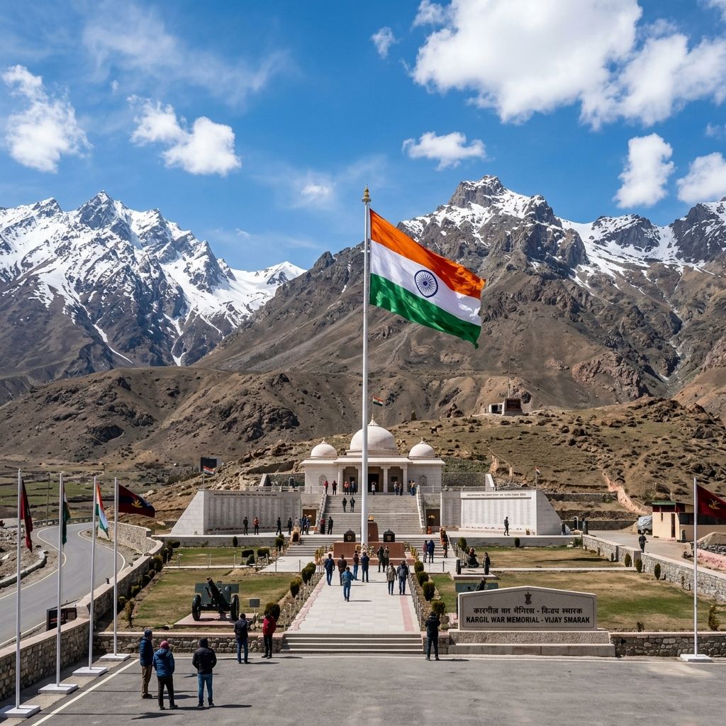 Kargil War Memorial at Dras Ladakh with Indian national flag fluttering against snowy Himalayan peaks Tololing and Tiger Hill