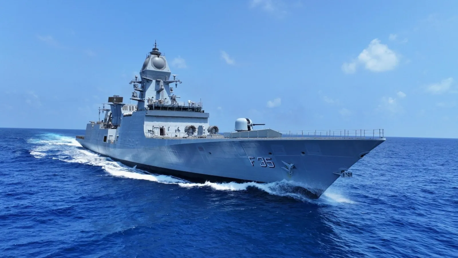 Stealth frigate sailing on the open seas during Indian Navy operations