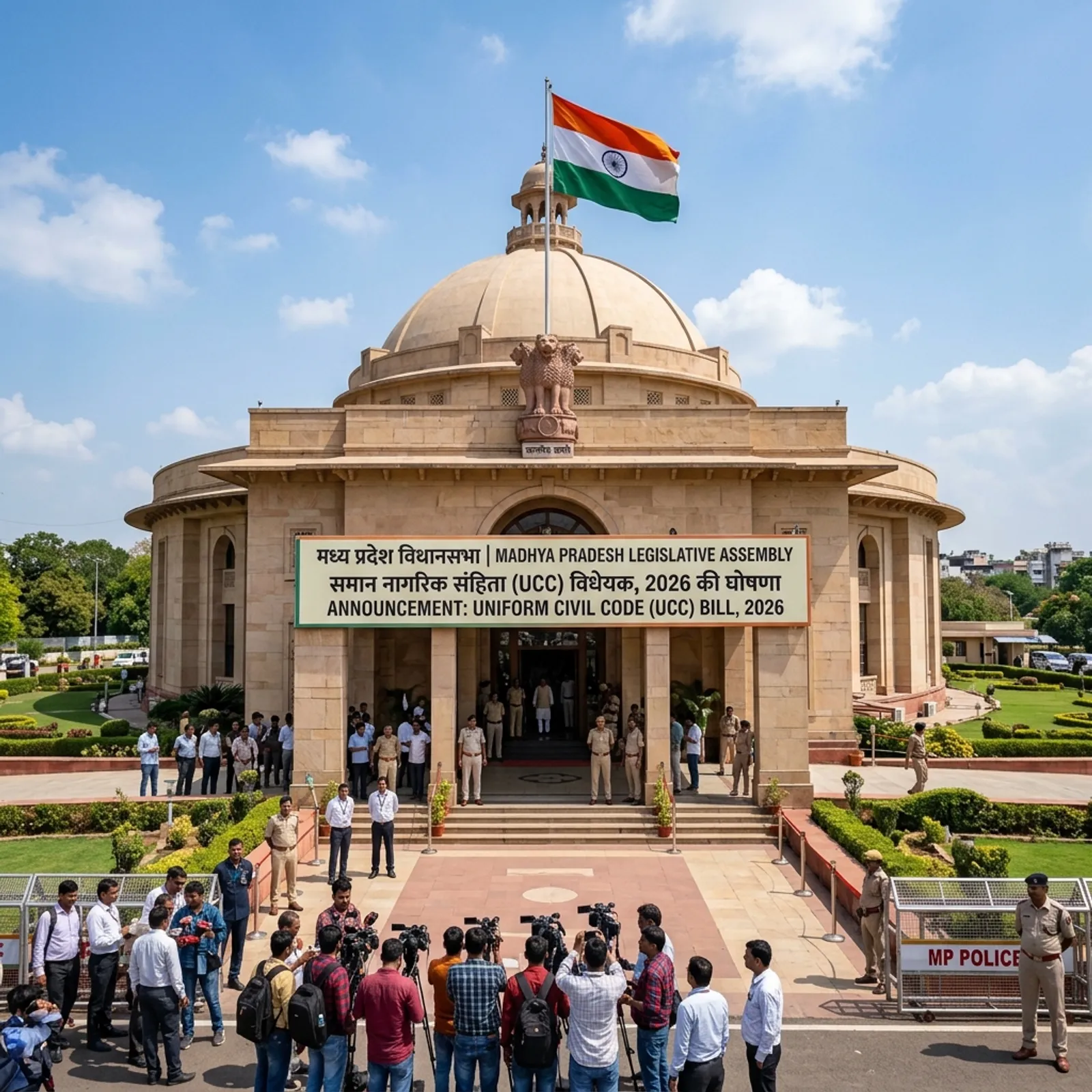 Madhya Pradesh Vidhan Sabha building in Bhopal with official banner announcing Uniform Civil Code UCC Bill 2026