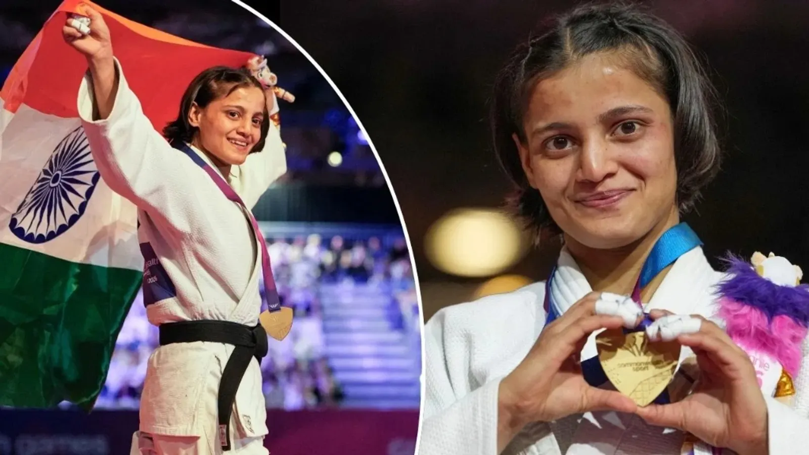 अस्मिता डे हाथ से हार्ट शेप बनाकर स्वर्ण पदक के साथ पोज़ देते हुए (Ashmita Dey Heart Pose CWG 2026)