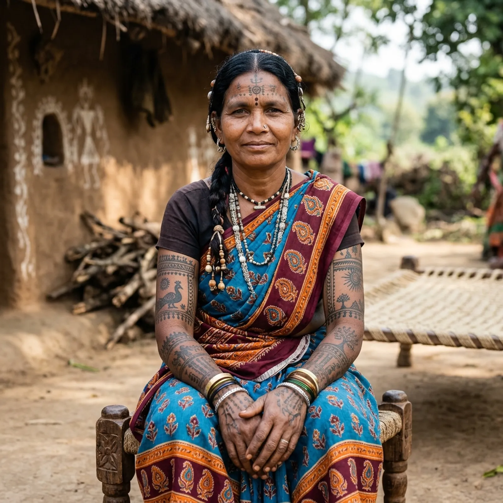 Baiga tribal woman with detailed traditional tattoos