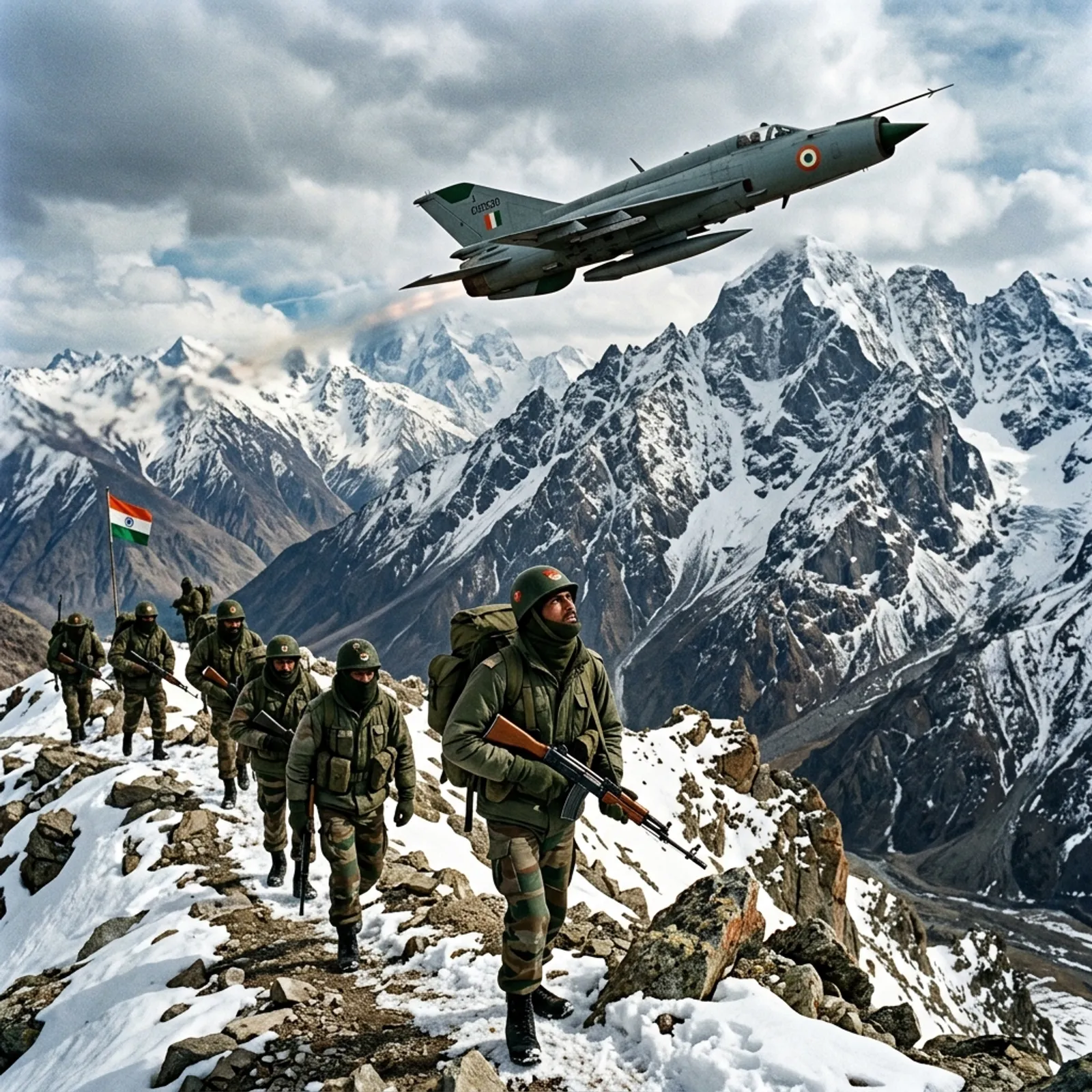 Indian Air Force fighter jet flying over Kargil mountain peaks during Operation Safed Sagar and Indian Army troops on high ridge