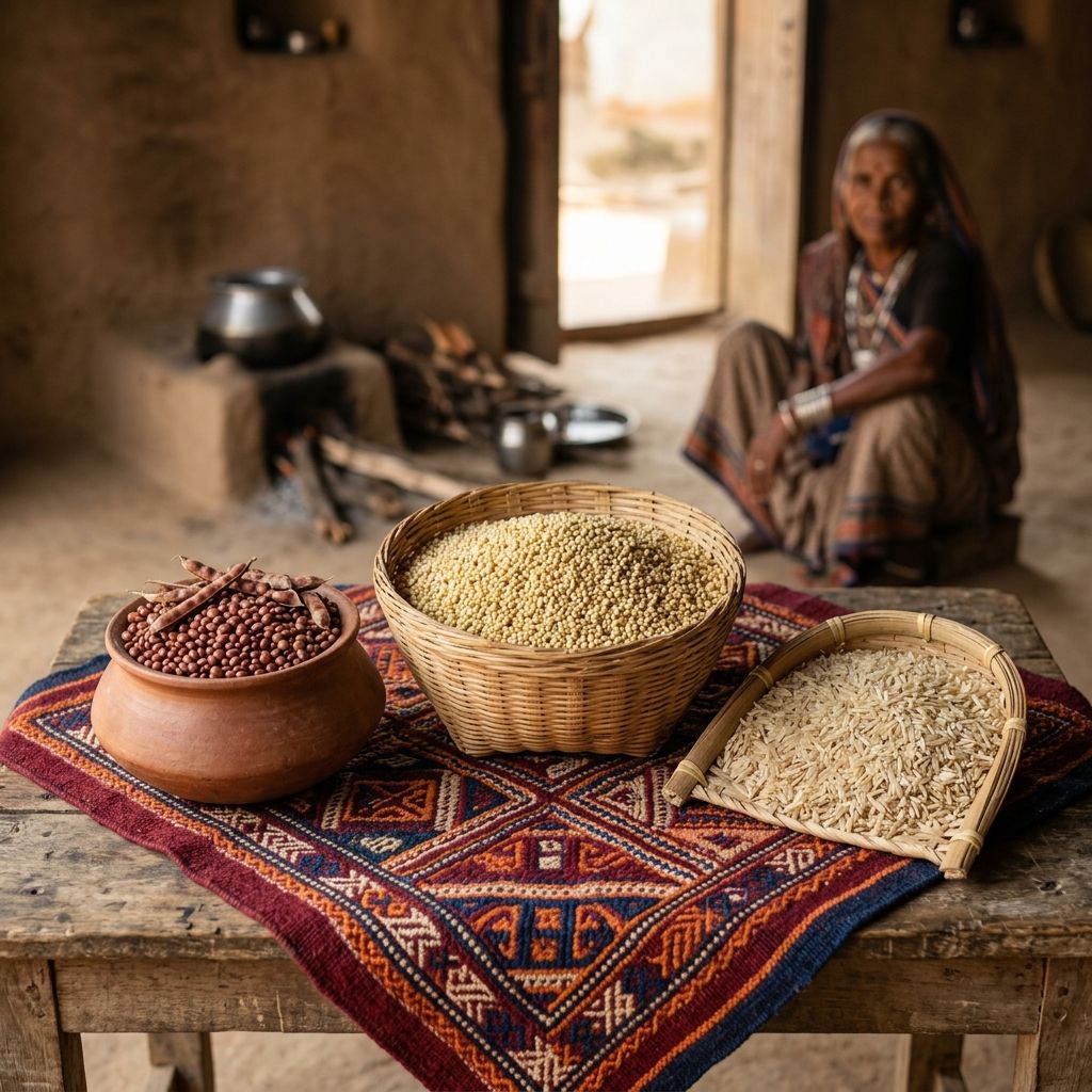 Traditional tribal agricultural crops of Madhya Pradesh including Sitahi Kutki millet, Baigani Arhar pulse, and Chhatriya rice displayed in rustic pots