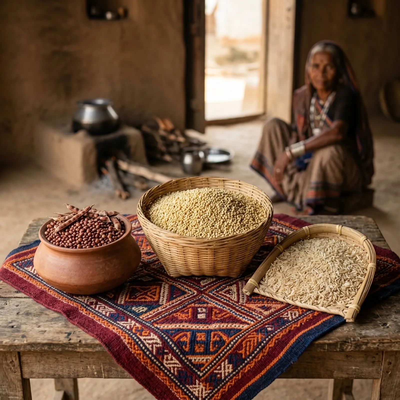 Traditional tribal agricultural crops of Madhya Pradesh including Sitahi Kutki millet, Baigani Arhar pulse, and Chhatriya rice displayed in rustic pots