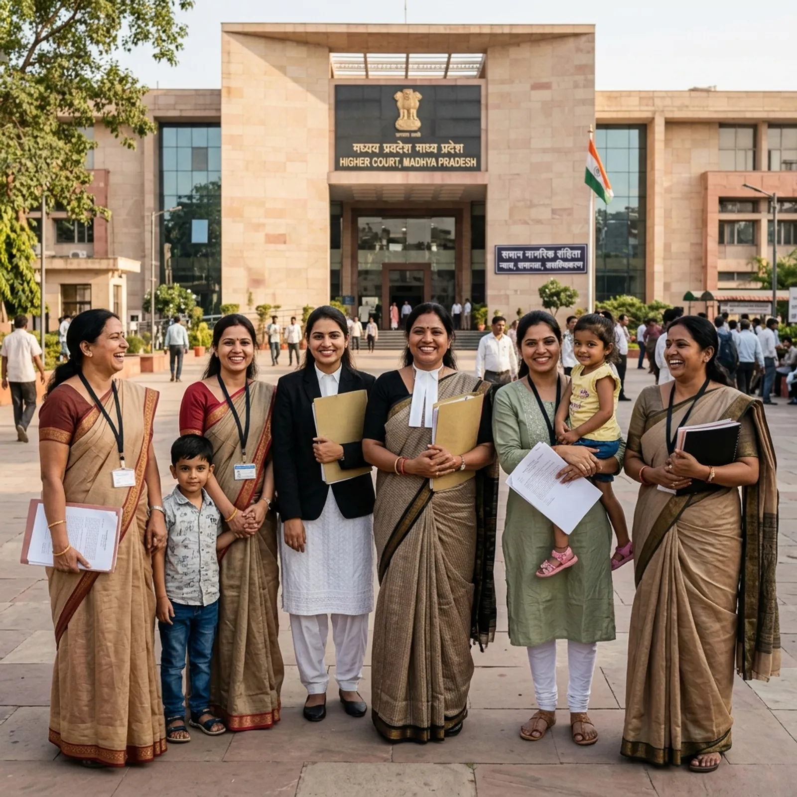 Empowered Indian women lawyers and citizens outside Madhya Pradesh High Court celebrating gender equality and legal rights