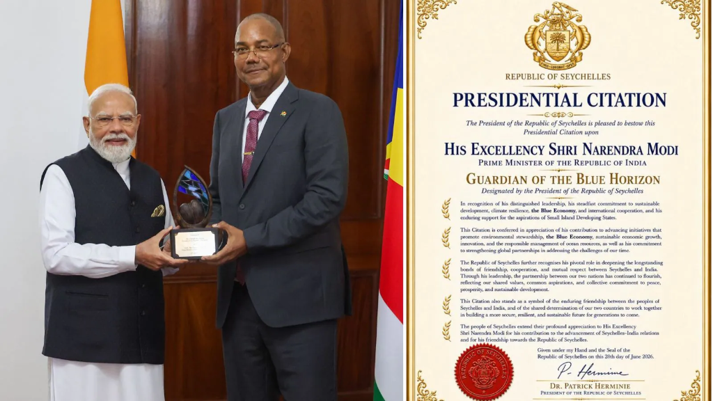 Prime Minister Modi receiving Guardian of the Blue Horizon Citation from Seychelles President