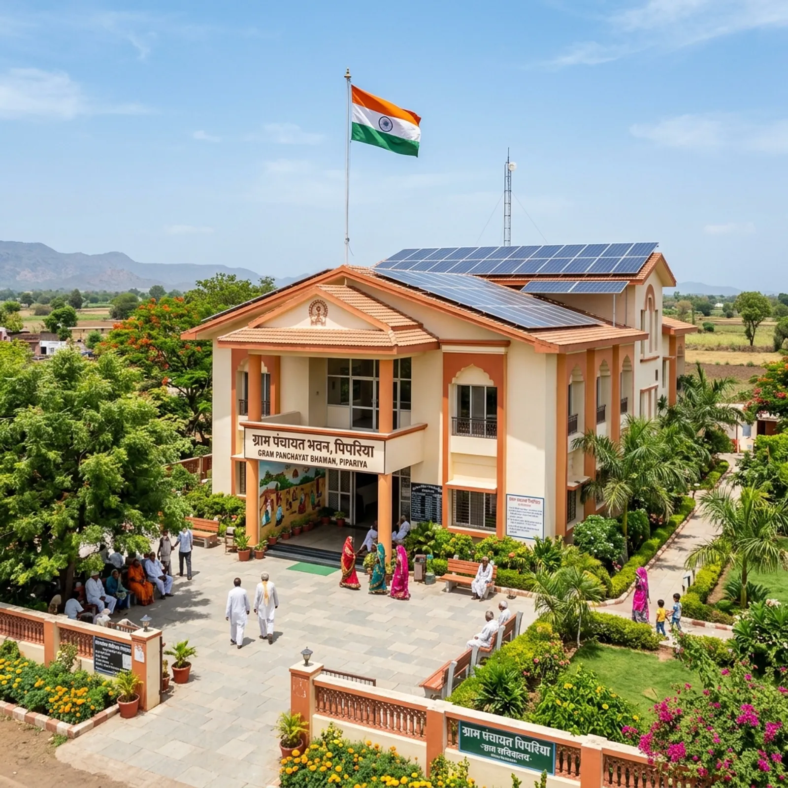 A modern Gram Panchayat Pipariya building flying the Indian national flag representing rural local bodies