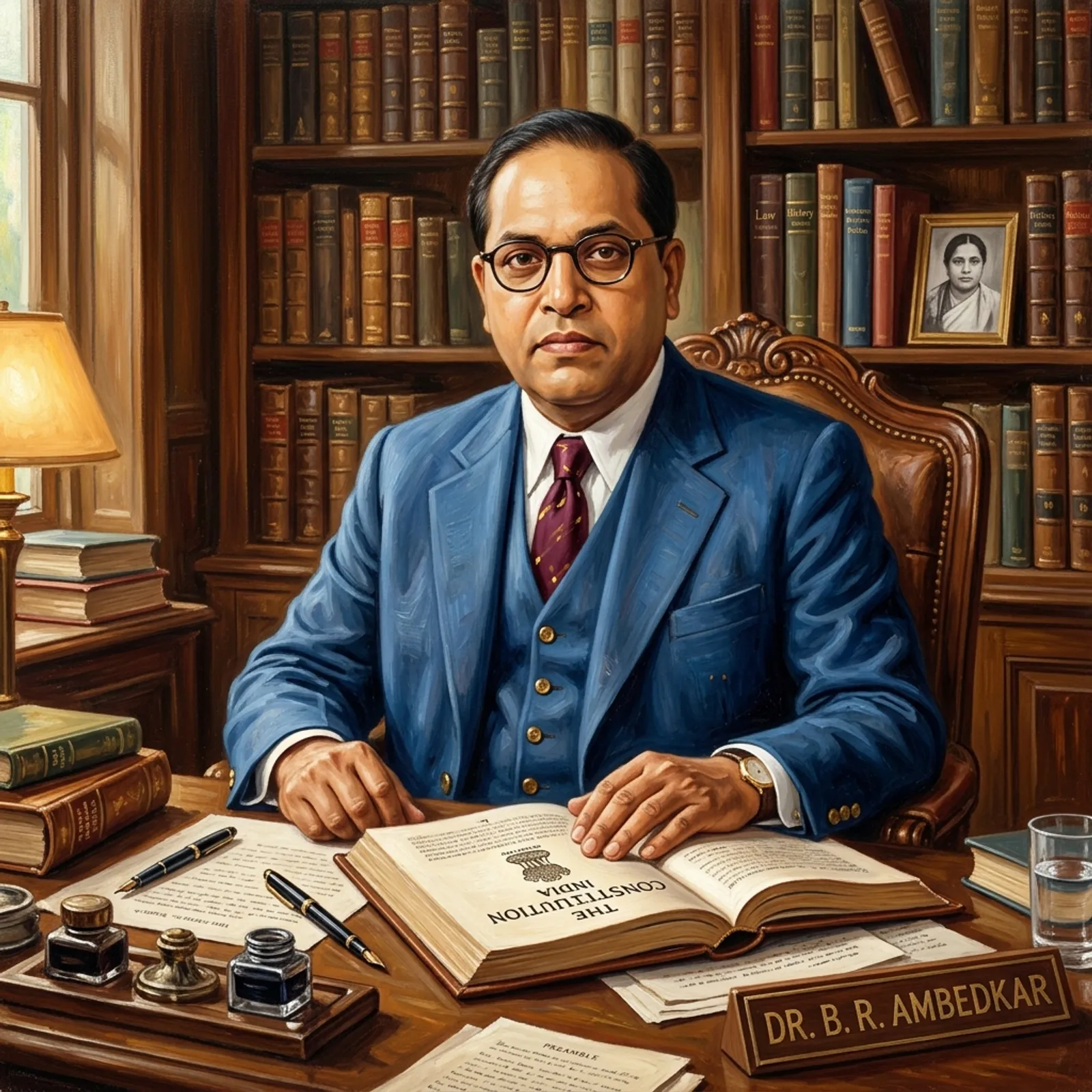 A detailed scholarly portrait of Dr. B. R. Ambedkar sitting at a desk with the Indian Constitution book