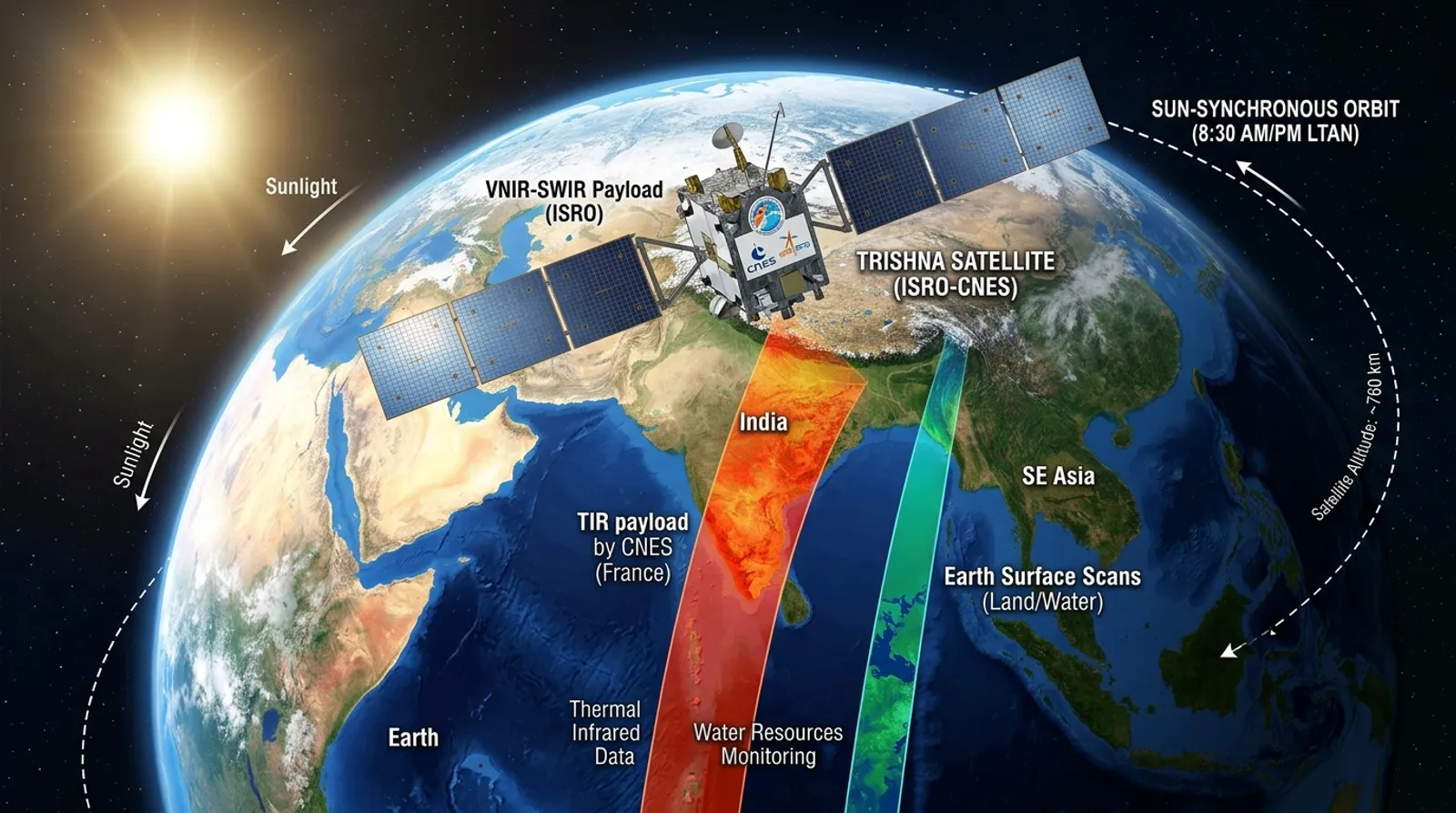 TRISHNA Satellite Orbit 761km SSO, TIR CNES payload and VNIR-SWIR ISRO payload | MPPSC & UPSC Notes