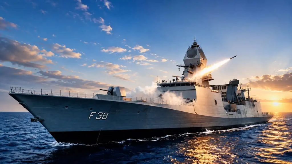 INS Mahendragiri Stealth Frigate (F38) firing a surface-to-air missile at sea