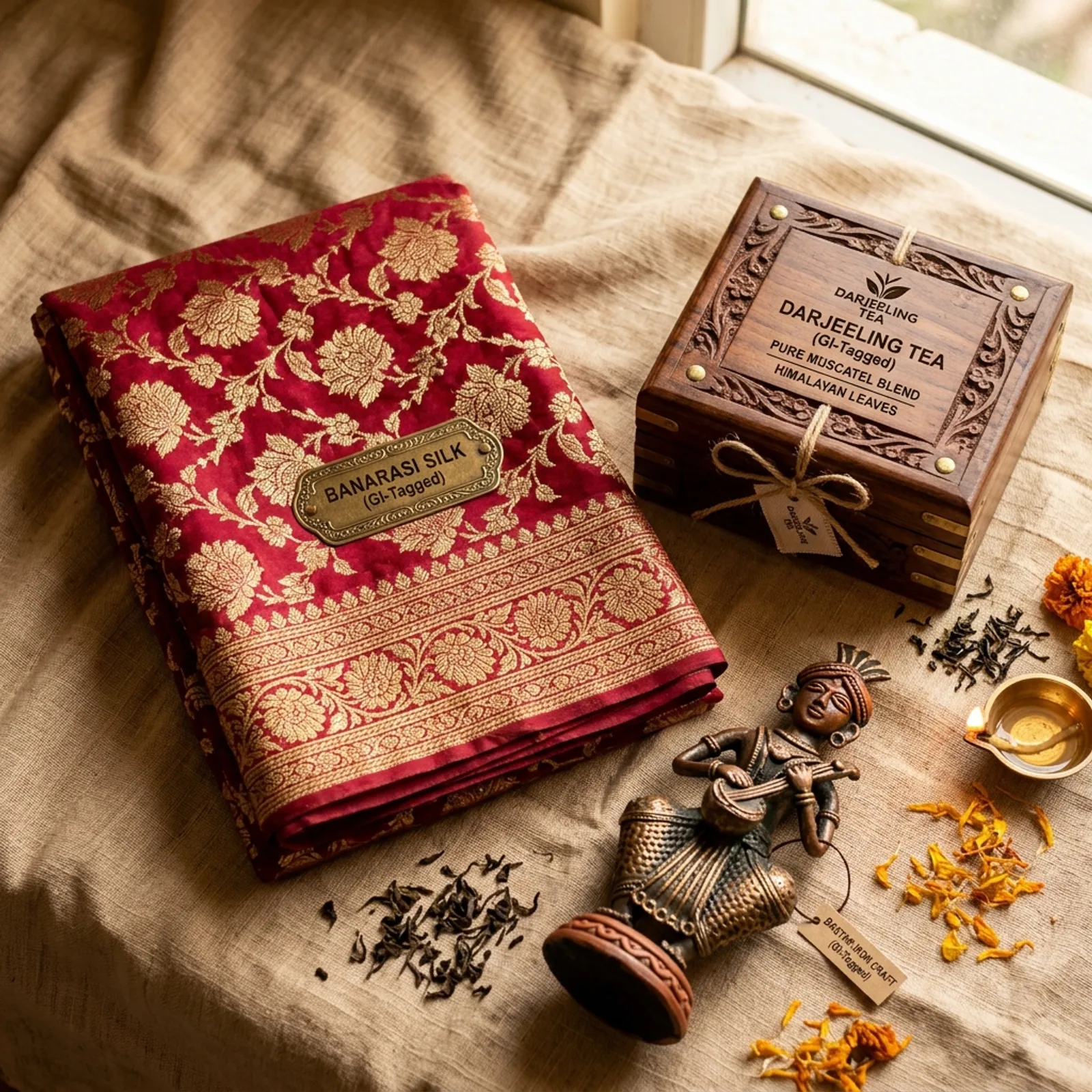 A beautiful display of Indian GI-tagged products including a Banarasi silk saree and a wooden box of Darjeeling tea