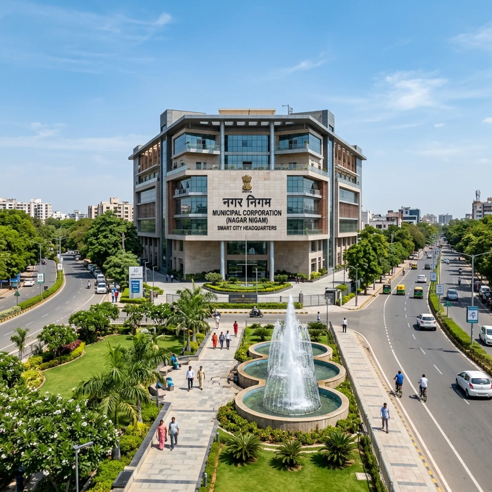 A modern Municipal Corporation (Nagar Nigam) building representing urban local governance and smart city planning