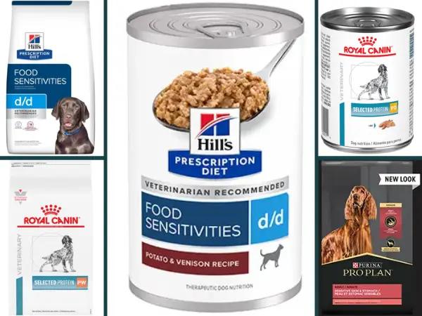 Examples of the best dog food for dogs with allergies featuring novel protein sources from trusted brands like Hill’s, Royal Canin, and Purina Pro