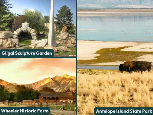A collage of photos of popular sites in the Gilgal Garden, Wheeler Historic Farm, and Antelope Island State Park, dog-friendly day trips and destinations near Salt Lake City