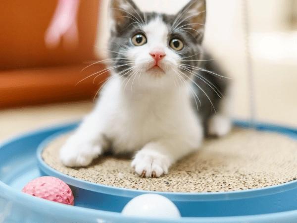 A cat getting play time as part of their healthy cat care routine