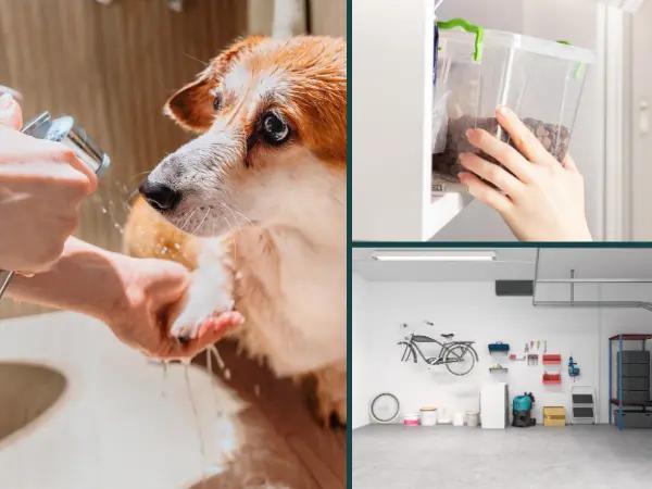 A photo of a pet parent washing a dog’s paws after spending time outdoors, storing pet food properly, and an orderly garage area, a few examples of good hygiene practices