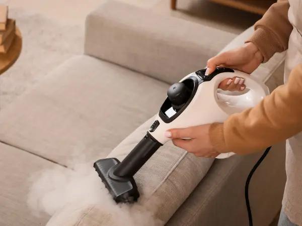 A pet parent steam cleaning the couch as part of the needed disinfection after a case of ringworm in dogs
