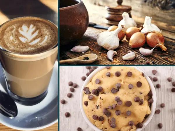 A collage containing coffee, raw cookie dough, garlic, and onions, representing what is poisonous to cats