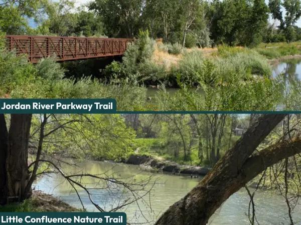 A collage of photos showing the Jordan River Parkway Trail and Little Confluence Nature Trail, dog-friendly hikes or trails near Salt Lake City