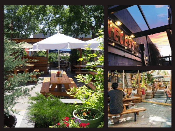 A collage of pictures of one of the dog friendly bars or dog friendly breweries in Denver Colorado, Recess Beer Garden