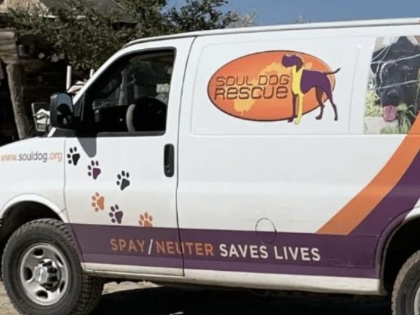 A van used by Soul Dog Rescue, a dog shelter in Denver that offers dog adoption services