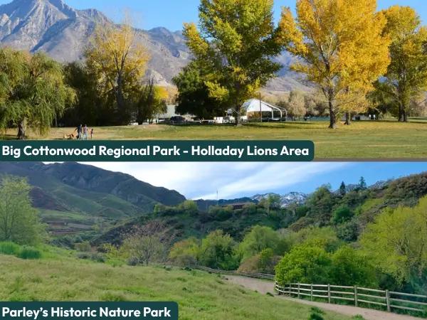 A collage of photos showing the Big Cottonwood Regional Park - Holladay Lions Area and Parley’s Historic Nature Park where pet parents can access dog-friendly hikes or trails within Salt Lake City