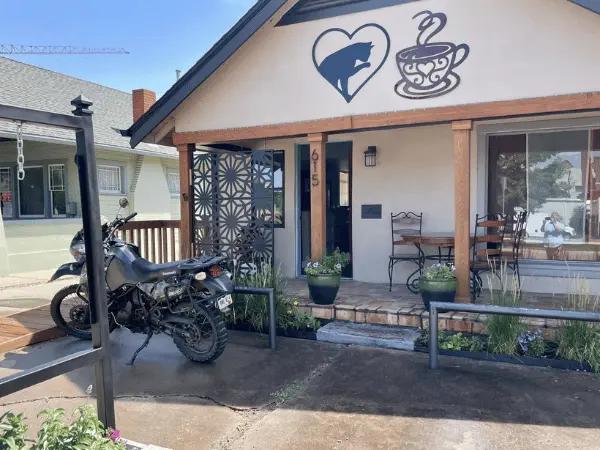 The outside of Comfort and Joy Cat Cafe, a cat cafe with cats for adoption in Colorado Springs