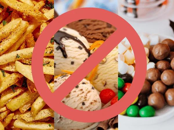 A side-by-side photo of fries, ice cream, and candy, which are either unsafe or toxic food for cats