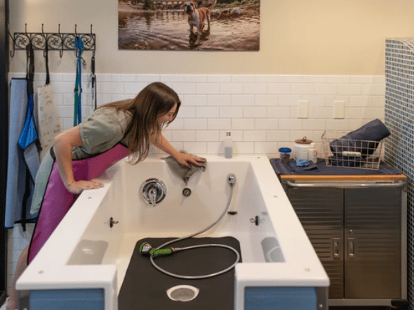 The self-service dog wash station in Lily’s Bath & Biscuits where pet parents can give their dog a bath before heading home after engaging in a dog-friendly activity in Denver, Colorado