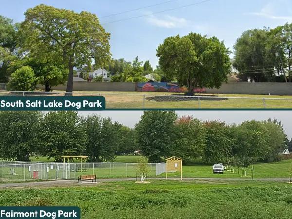 A collage showing photos of South Salt Lake Dog Park and Fairmont Dog Park, two fenced off-leash dog parks in Salt Lake City