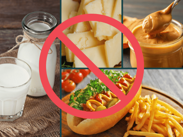 A collage showing milk, cheese, peanut butter, and processed food, which are not advisable as kitten treats