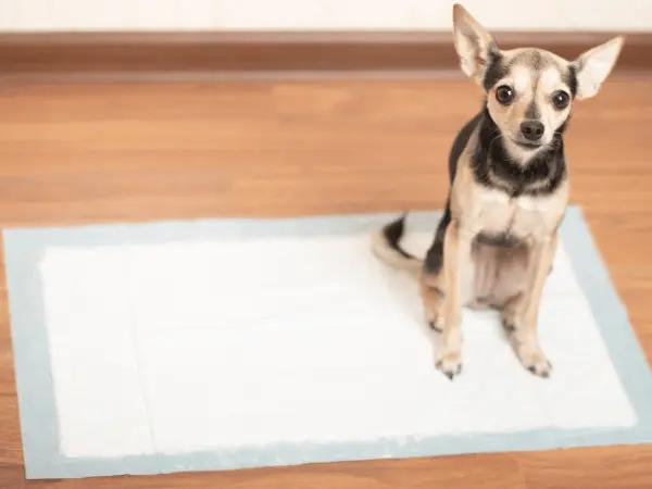 A puppy sitting on a pee pad, representing the role of pee pads in potty training
