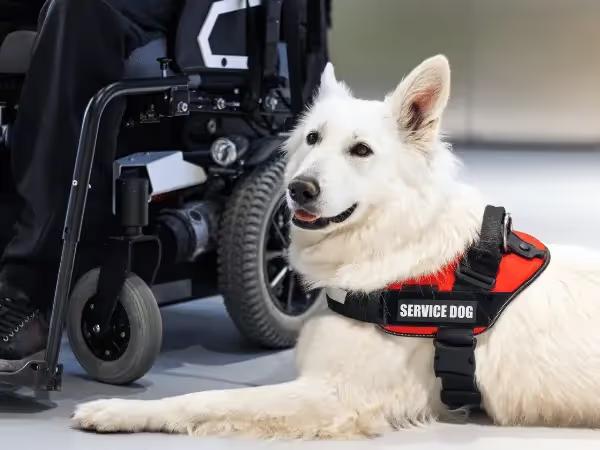 A dog beside a wheelchair wearing a service dog vest, representing how to get a service dog