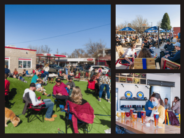 A collage of pictures of one of the dog friendly bars or dog friendly breweries in Denver Colorado, Denver Beer Company