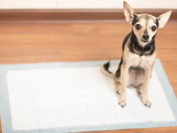 A puppy brought to a pee pad when needing to go to the bathroom in the middle of the night, one of the tips on crate training a puppy, especially in high-rise living environments
