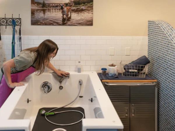 A self-serve dog wash inside a pet supply store, a good pit stop while dog walking or after hiking with a dog