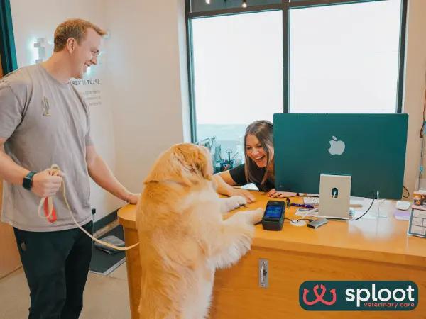 A photo of a pet parent and dog going to Sploot Veterinary Care, the best vet clinic in Denver, Colorado according to hundreds of client ratings