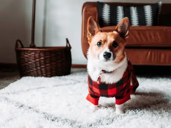A dog wearing winter clothes and is kept safely indoors during winter, in accordance with cold weather pet safety guidelines