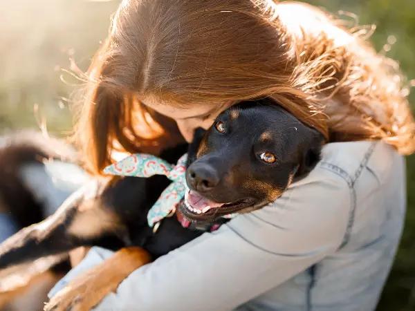 A photo of a pet parent hugging a dog, representing the positive community impact of spaying and neutering, with fewer dogs facing homelessness and crowded shelters