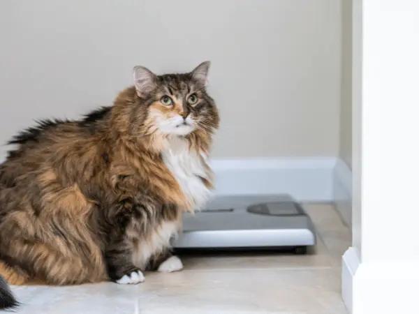 A cat beside a weighing scale, representing maintaining a healthy weight which is part of ensuring pet spring safety