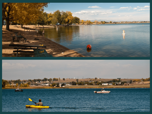 Photos of Union Reservoir, a place where pet parents can engage in dog-friendly activities near Denver, Colorado