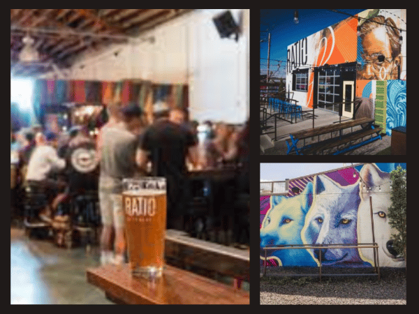 A collage of pictures of one of the dog friendly bars or dog friendly breweries in Denver Colorado, Ratio Beerworks