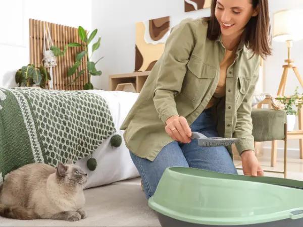 a cat owner calmly praising their cat after proper litter box usage, one of the important steps on how to potty train a cat or how to train a cat to use a litter box