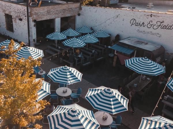 The all-weather, dog friendly patio of Park & Field, one of the best dog friendly restaurants in Chicago