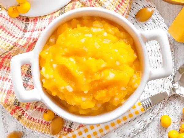 A bowl of cooked pureed pumpkin, a very healthy human food that cats can eat