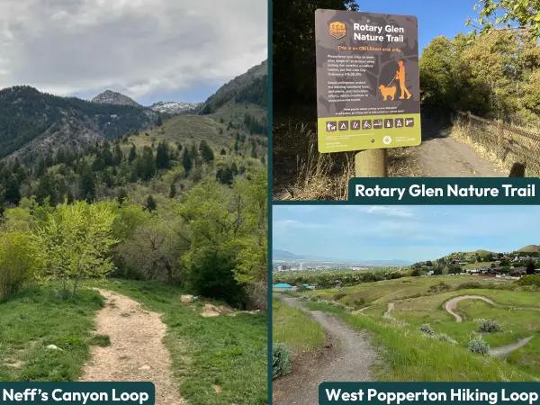 A collage of photos showing Neff's Canyon Loop, Rotary Glen Nature Trail and West Popperton Hiking Loop, dog-friendly hikes or trails near Salt Lake City